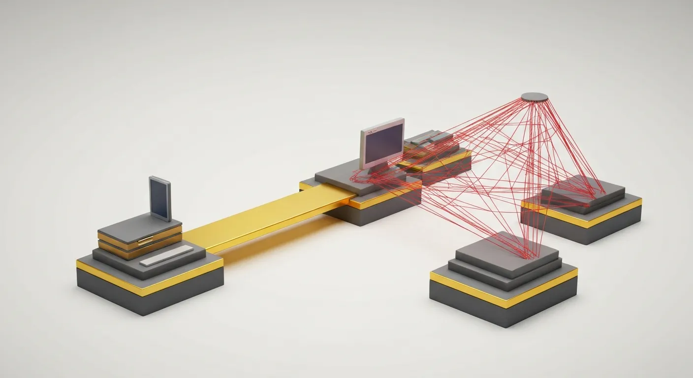 Ilustracja porównująca jakość linków w SEO. Po lewej stronie solidny, złoty most łączy dwie platformy, symbolizując jeden link wysokiej jakości. Po prawej, wiele cienkich, splątanych czerwonych nitek próbuje połączyć inne platformy, reprezentując spamerskie linki niskiej jakości.