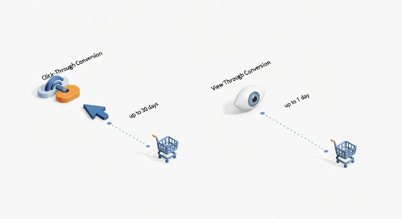An isometric diagram comparing a 'click-through' conversion path with a 'view-through' conversion path, illustrating the two main types of conversion windows.