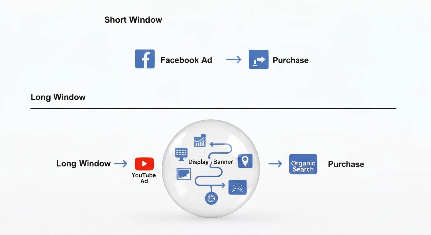 A visual comparison between a short conversion window capturing a single user action and a long conversion window capturing a complex customer journey with multiple touchpoints.