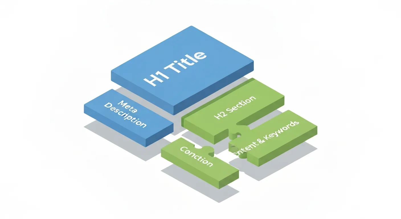 Izometryczna ilustracja dekonstruująca stronę internetową na jej kluczowe elementy contentu, takie jak nagłówek H1, podsekcje H2 i meta opis, ułożone w logiczną, hierarchiczną strukturę.