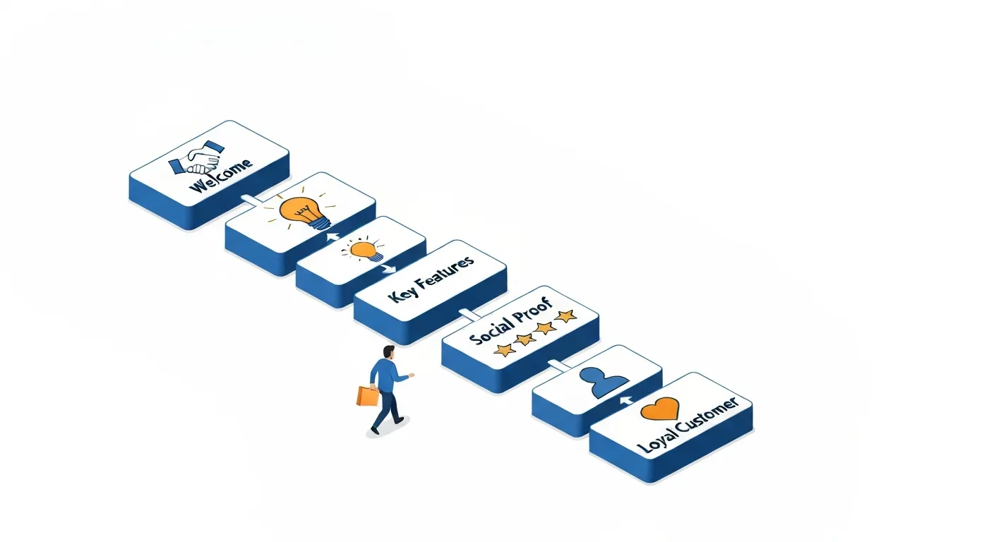 Izometryczna infografika pokazująca etapy sekwencji onboardingu mailowego: powitanie, prezentacja funkcji, dowód społeczny i edukacja, prowadzące do zaangażowania klienta.