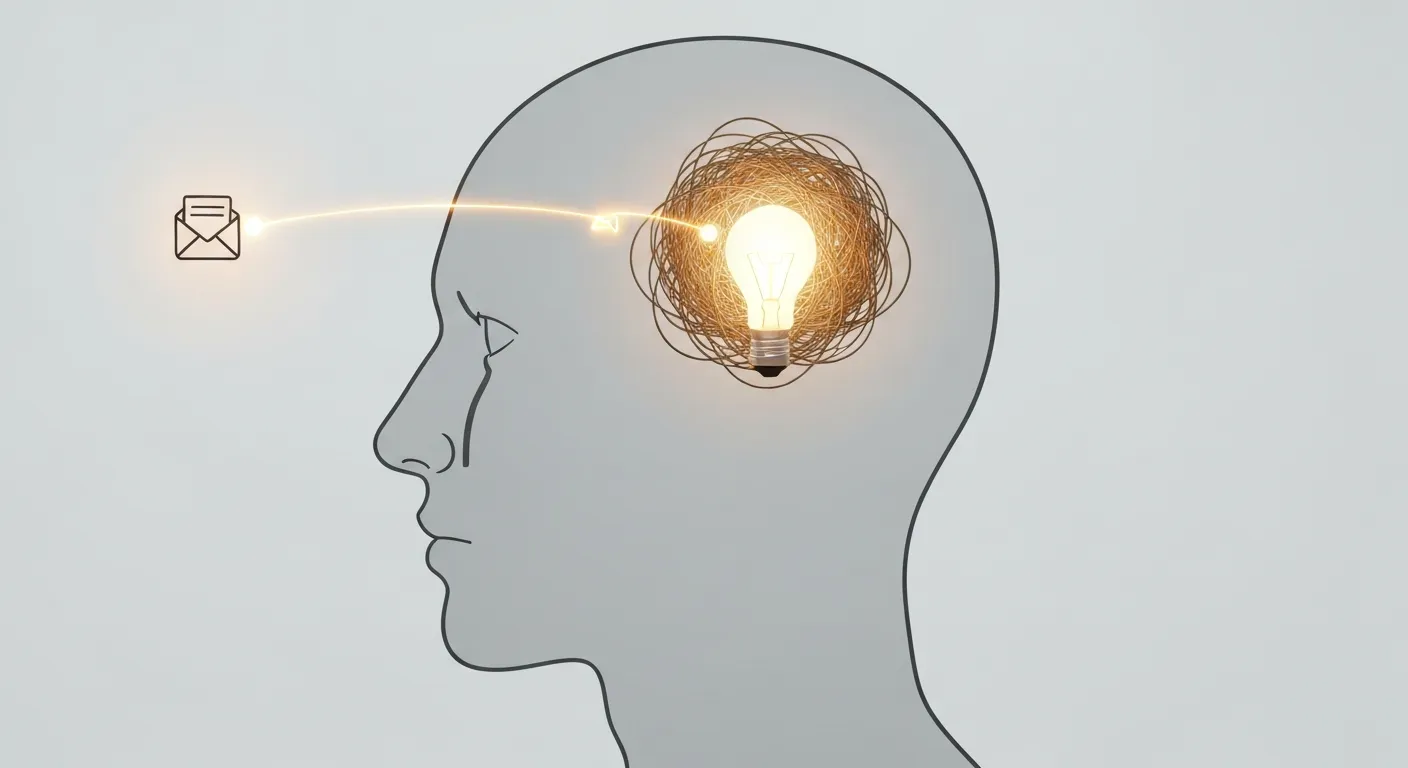Abstrakcyjna wizualizacja przedstawiająca głowę użytkownika, w której skomplikowany problem zostaje rozwiązany, a w jego miejsce pojawia się świecąca żarówka, symbolizująca 'moment Aha!' w procesie poznawania produktu.