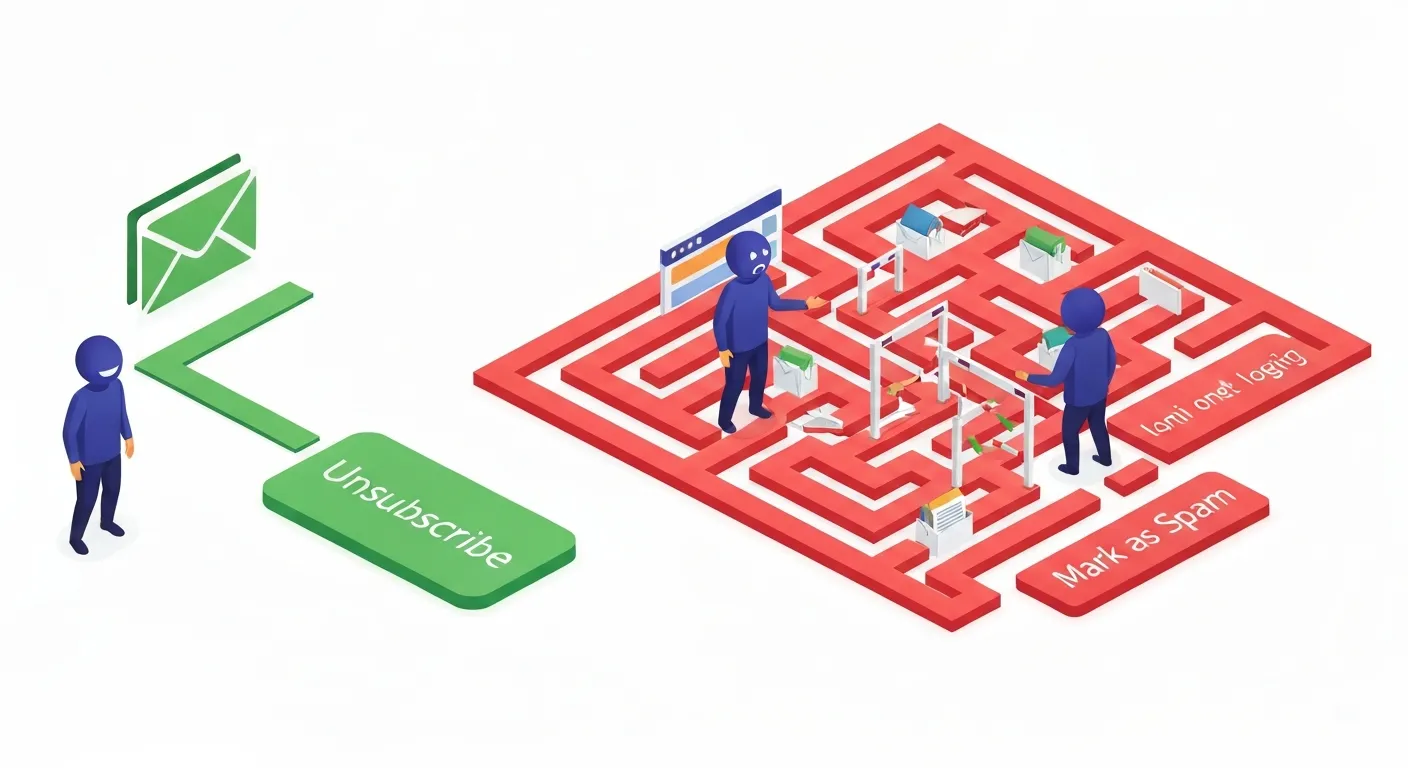 An isometric illustration comparing two user paths. A simple, clear path leads to an 'Unsubscribe' button, while a complex, frustrating maze leads to a 'Mark as Spam' button.