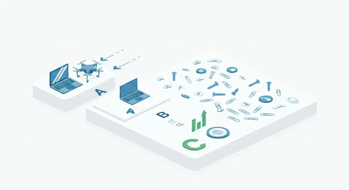 Izometryczna ilustracja przedstawiająca zasadę analizy ABC w zarządzaniu zapasami. Trzy bloki produktów są wyraźnie oznaczone jako 'A', 'B' i 'C'. Blok 'A' jest najmniejszy, ale zawiera ikony przedmiotów o wysokiej wartości. Blok 'C' jest największy i zawiera wiele ikon o niskiej wartości, co wizualnie demonstruje zasadę Pareto.