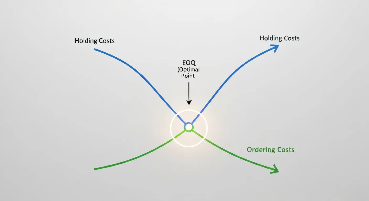 Abstrakcyjna wizualizacja modelu Ekonomicznej Wielkości Zamówienia (EOQ). Graf przedstawia dwie krzywe: jedną dla kosztów utrzymania zapasów (rosnącą) i drugą dla kosztów zamawiania (malejącą). Punkt, w którym krzywe się przecinają, jest podświetlony i oznaczony jako 'EOQ', symbolizując optymalny balans.