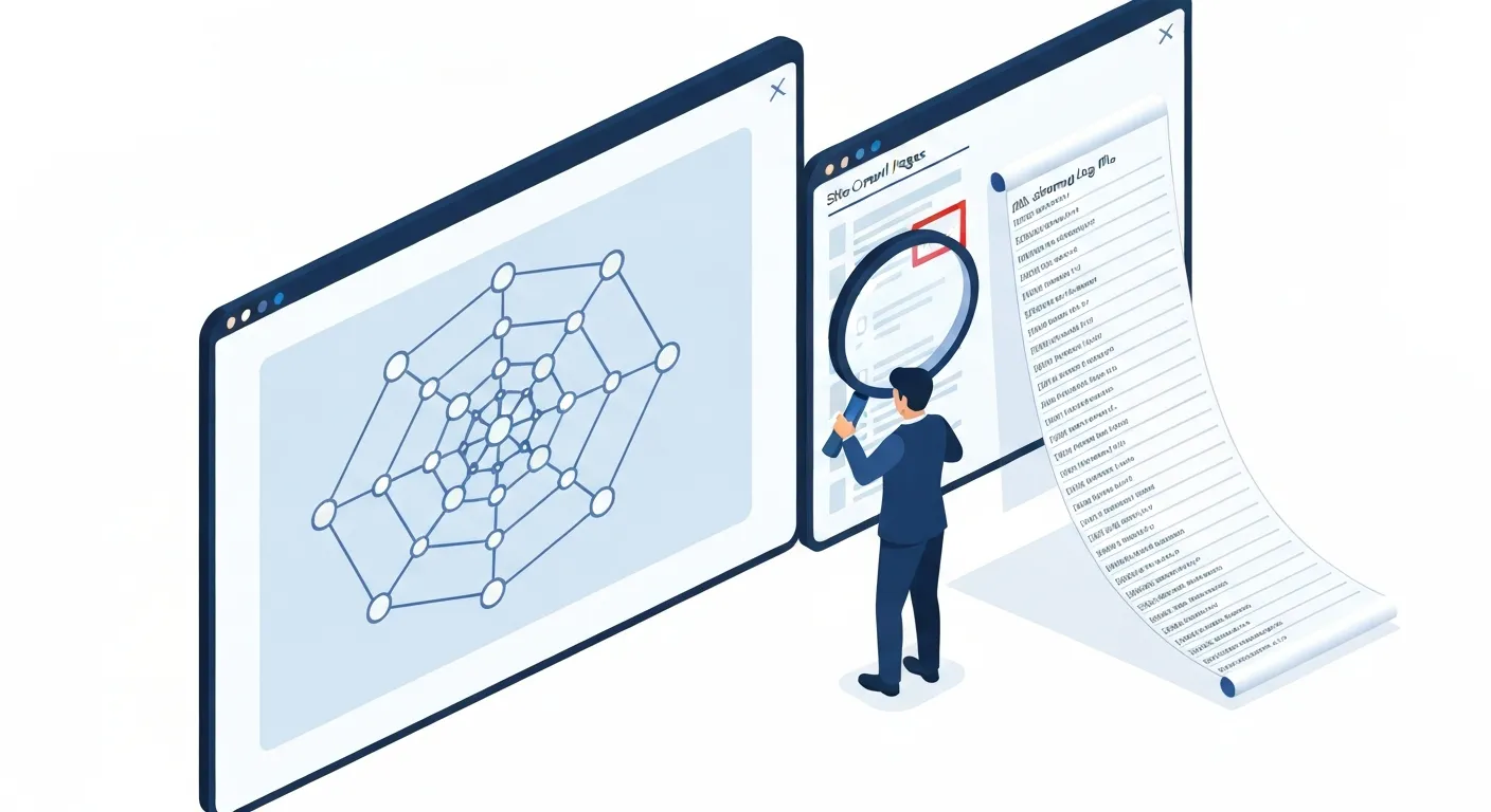 Ilustracja przedstawiająca proces identyfikacji osieroconych stron. Specjalista SEO analizuje na ekranie dwa zestawy danych: mapę połączeń witryny oraz kompletną listę adresów URL. Używa cyfrowej lupy, aby podświetlić na czerwono adres URL na liście, który nie ma swojego odpowiednika w mapie połączeń.