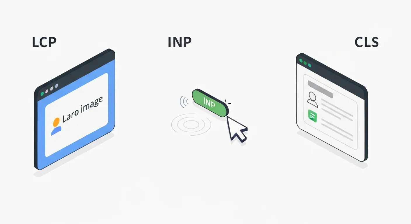 Izometryczna ilustracja przedstawiająca trzy kluczowe wskaźniki Google Core Web Vitals: LCP (szybkie ładowanie obrazu), INP (natychmiastowa reakcja na kliknięcie) i CLS (stabilny układ strony).