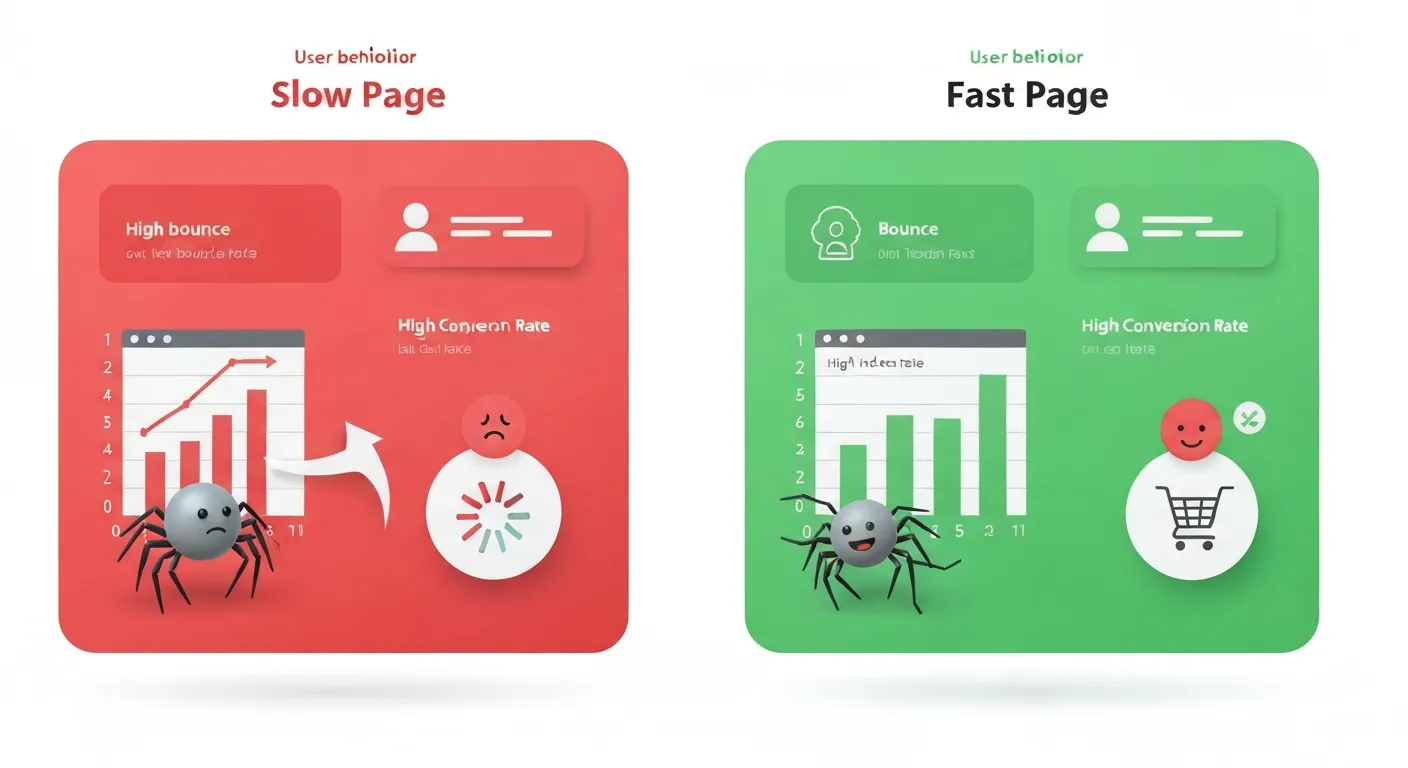 Grafika porównawcza pokazująca wpływ szybkości strony na SEO i użytkownika. Po lewej stronie sfrustrowany użytkownik opuszcza wolną stronę (wysoki współczynnik odrzuceń), a po prawej zadowolony użytkownik dokonuje konwersji na szybkiej stronie.