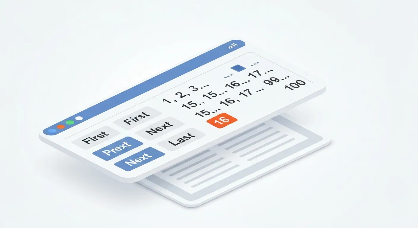 Ilustracja przedstawiająca idealny, przyjazny dla użytkownika komponent paginacji z dużymi, wyraźnymi przyciskami 'Poprzednia', 'Następna', 'Pierwsza', 'Ostatnia' oraz ponumerowanymi stronami z zaznaczoną bieżącą stroną. Podkreśla to najlepsze praktyki UX.