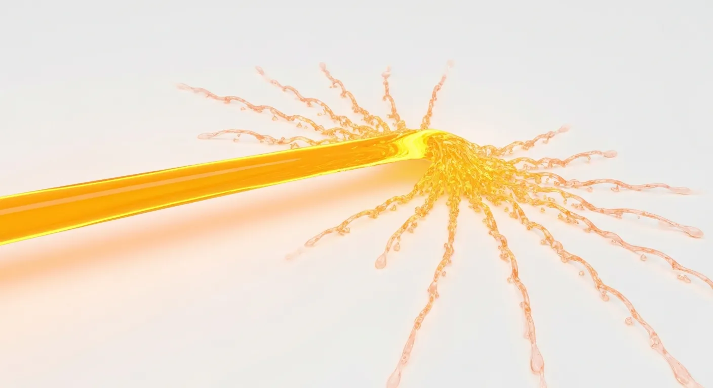 Abstrakcyjna wizualizacja problemu SEO zwanego 'rozcieńczeniem mocy linków'. Główny, silny strumień energii (link juice) jest rozpraszany na wiele małych, słabszych podstron, co osłabia autorytet strony głównej.