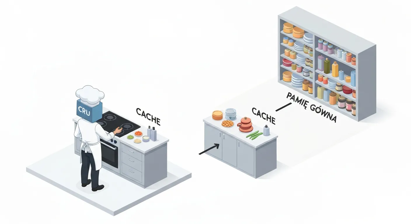 Analogia pamięci podręcznej przedstawiona jako kucharz w kuchni. Kucharz (procesor) sięga po składniki z małego, podręcznego blatu (cache) tuż obok, zamiast iść do dużej, odległej spiżarni (pamięć główna), co ilustruje oszczędność czasu.