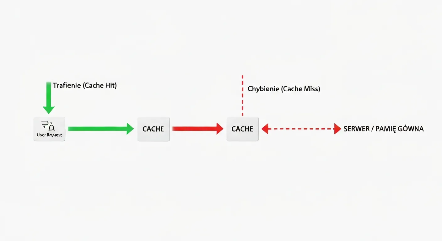 Diagram porównujący 'Trafienie w cache' (Cache Hit) i 'Chybienie w cache' (Cache Miss). 'Trafienie' to krótka, prosta i zielona strzałka od użytkownika do cache. 'Chybienie' to długa, okrężna i czerwona strzałka, która musi sięgnąć do odległego serwera.
