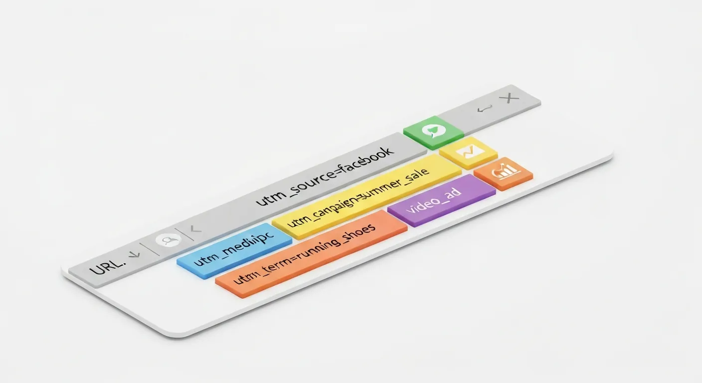 Infografika wyjaśniająca anatomię linku z parametrami UTM. Adres URL jest rozbity na poszczególne, kolorowe bloki odpowiadające utm_source, utm_medium, utm_campaign, utm_content i utm_term.