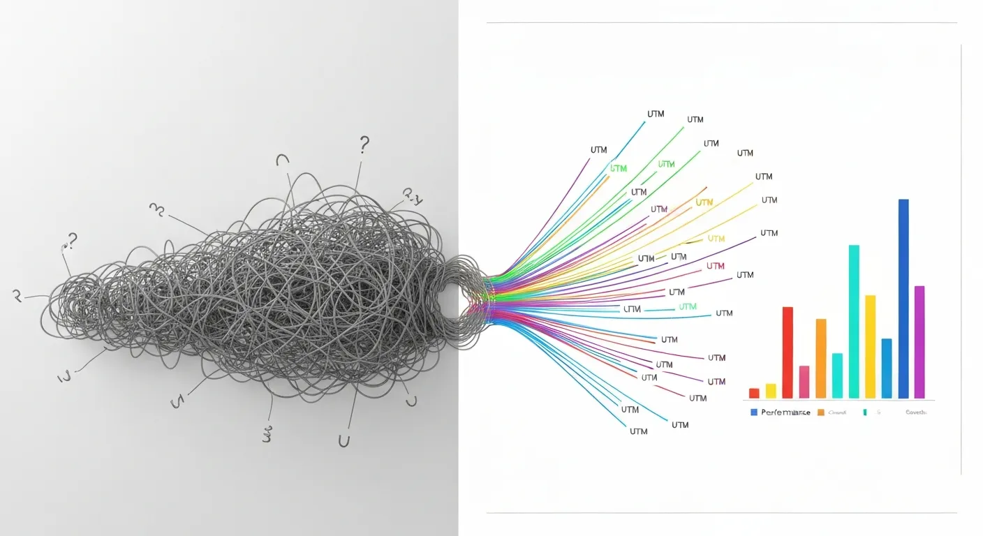 Wizualne porównanie śledzenia marketingu z UTM i bez. Po lewej stronie widać splątane, chaotyczne ścieżki użytkowników. Po prawej, dzięki tagom UTM, te same ścieżki są uporządkowane, kolorowe i prowadzą do przejrzystego wykresu analitycznego.