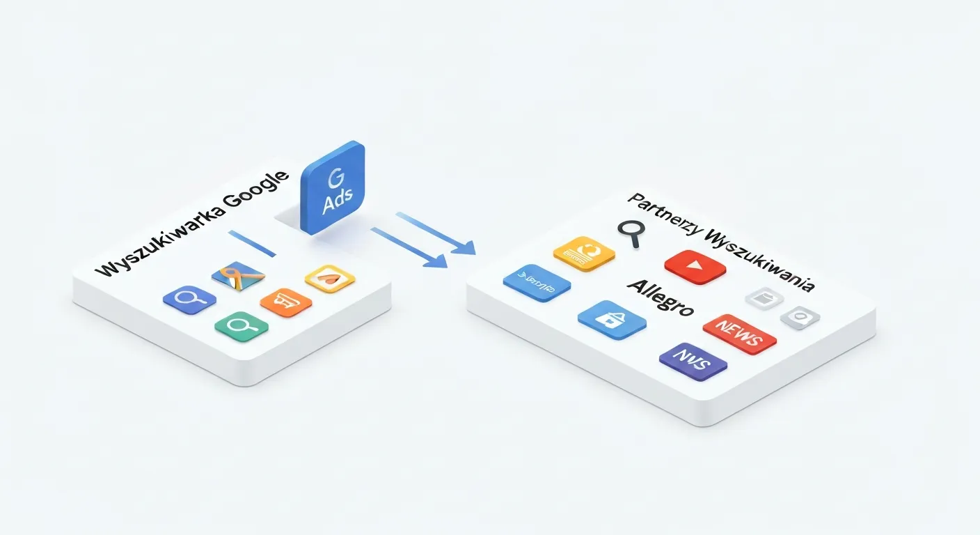 Ilustracja izometryczna przedstawiająca podział sieci wyszukiwania Google na dwie części: główną wyszukiwarkę Google oraz sieć partnerów, takich jak YouTube, portale informacyjne i serwisy e-commerce.