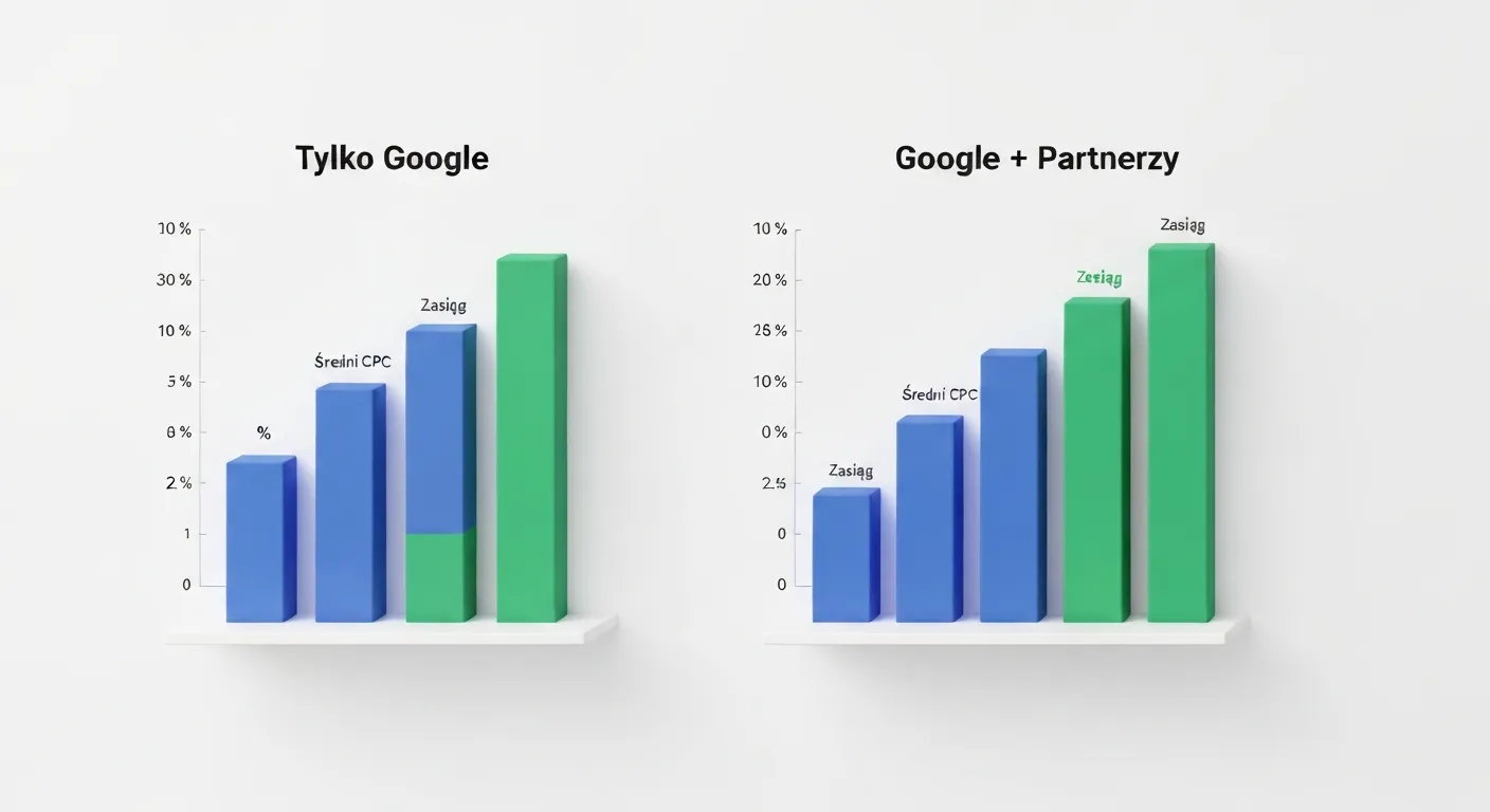 Graficzna wizualizacja korzyści płynących z włączenia partnerów wyszukiwania: większy zasięg i potencjalnie niższy koszt za kliknięcie (CPC).