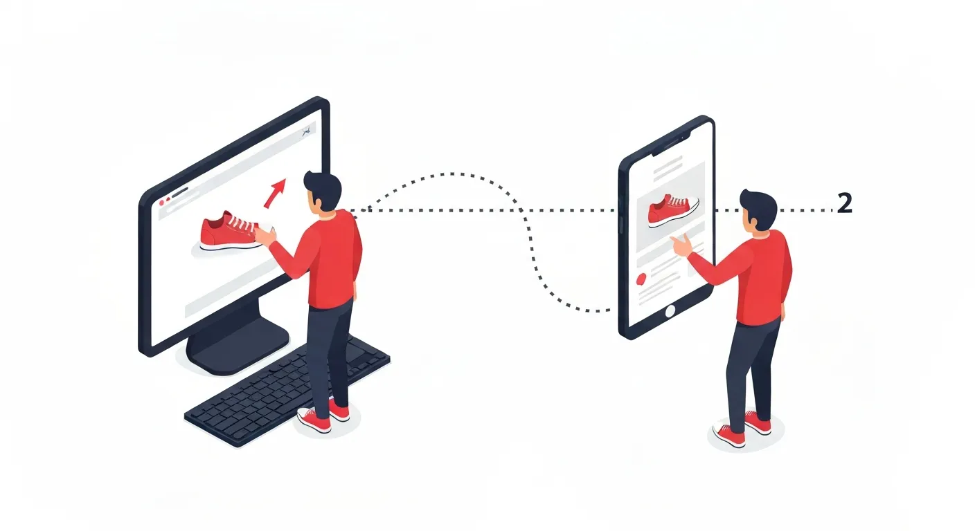 Izometryczna ilustracja przedstawiająca proces retargetingu. W pierwszej części użytkownik ogląda produkt w sklepie internetowym na komputerze. W drugiej części ten sam użytkownik widzi reklamę tego produktu w mediach społecznościowych na swoim smartfonie, co pokazuje, jak reklama podąża za klientem.