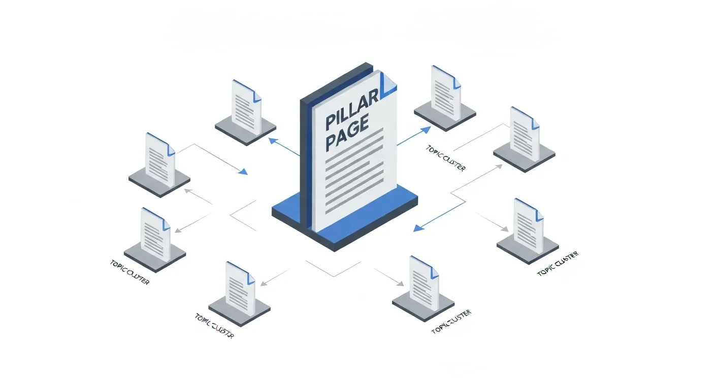 Schemat ilustrujący model klastrów tematycznych w SEO. W centrum znajduje się duży dokument 'Pillar Page', z którego wychodzą dwukierunkowe strzałki łączące go z mniejszymi dokumentami 'Cluster Content', co obrazuje strukturę linkowania wewnętrznego.