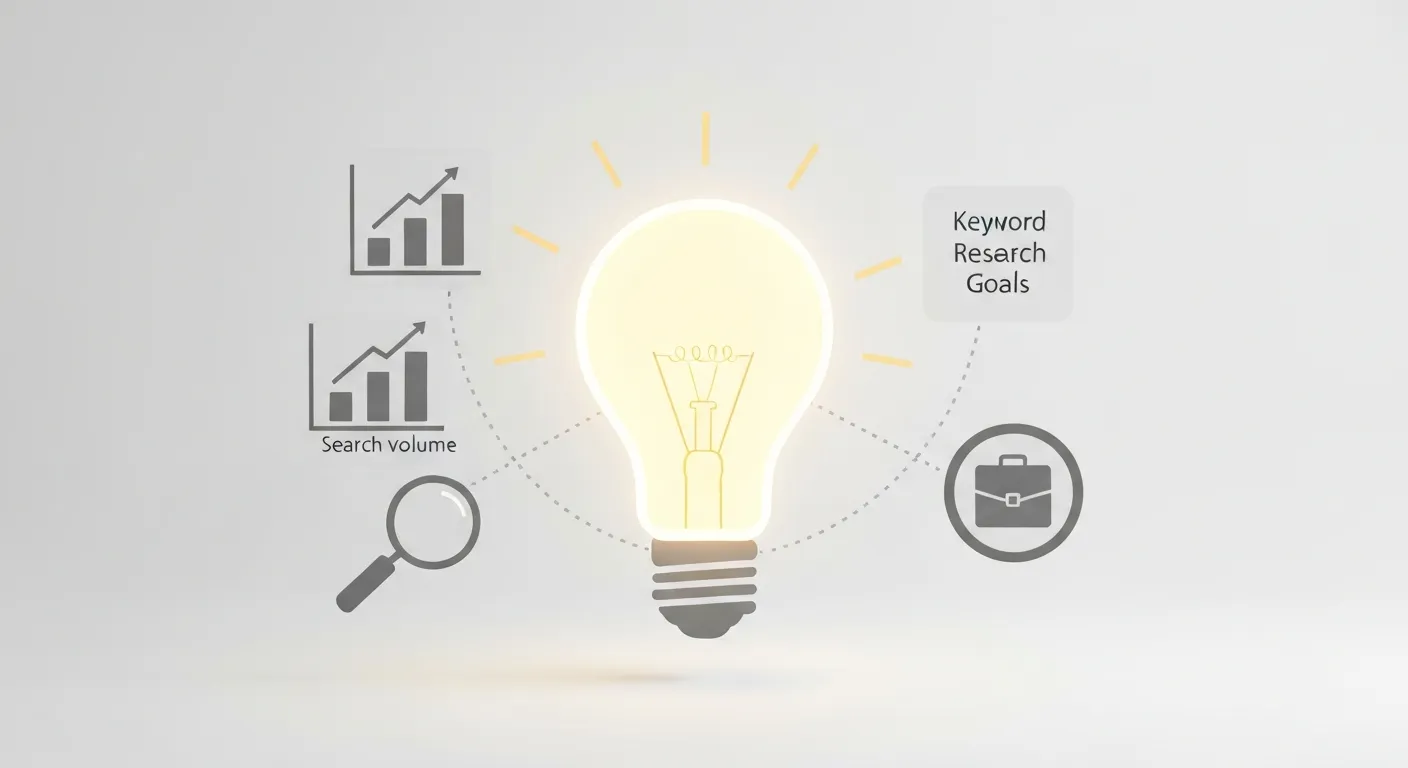 Graficzna ilustracja procesu wyboru tematu filarowego. Ukazuje centralny symbol pomysłu otoczony ikonami symbolizującymi analizę danych, słowa kluczowe i cele biznesowe, co obrazuje strategiczne planowanie treści.