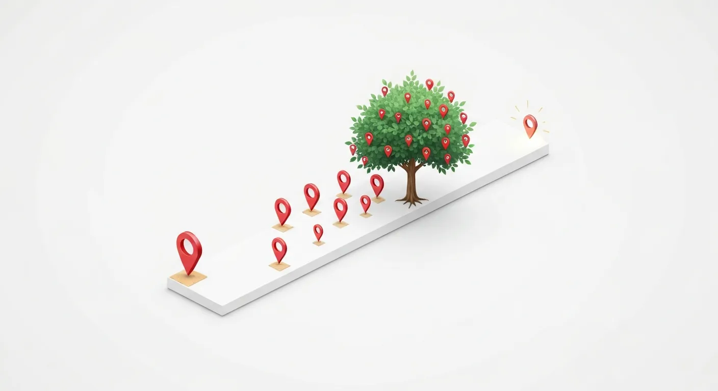 An abstract illustration showing a timeline where a single Pinterest pin, planted like a seed, grows into a large, fruit-bearing tree over time, symbolizing the long-lasting, evergreen nature of Pinterest content and its ability to generate sustained traffic.