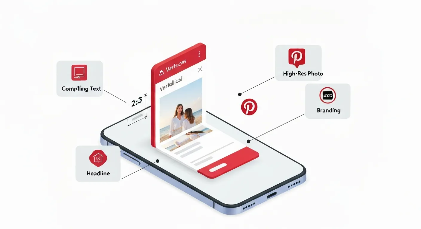 An infographic breaking down the 'Anatomy of an Ideal Pin'. A central, vertical pin design is surrounded by icons and text callouts highlighting key elements: high-quality image, 2:3 aspect ratio, clear text overlay, and a brand logo.