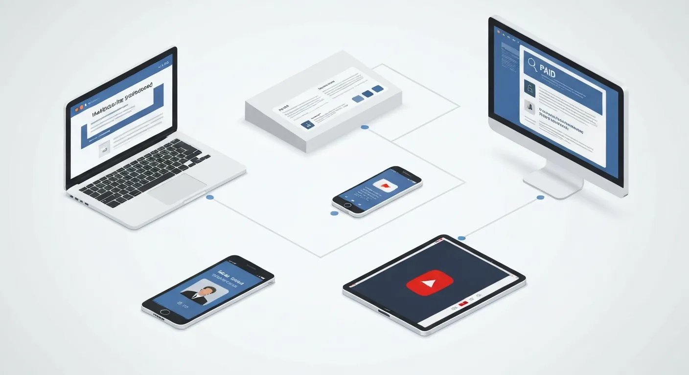 An isometric illustration showcasing the different types of digital ad placements. A central hub connects to a laptop showing a website banner, a smartphone with a social media feed ad, a tablet playing a video ad, and a monitor with search engine results.