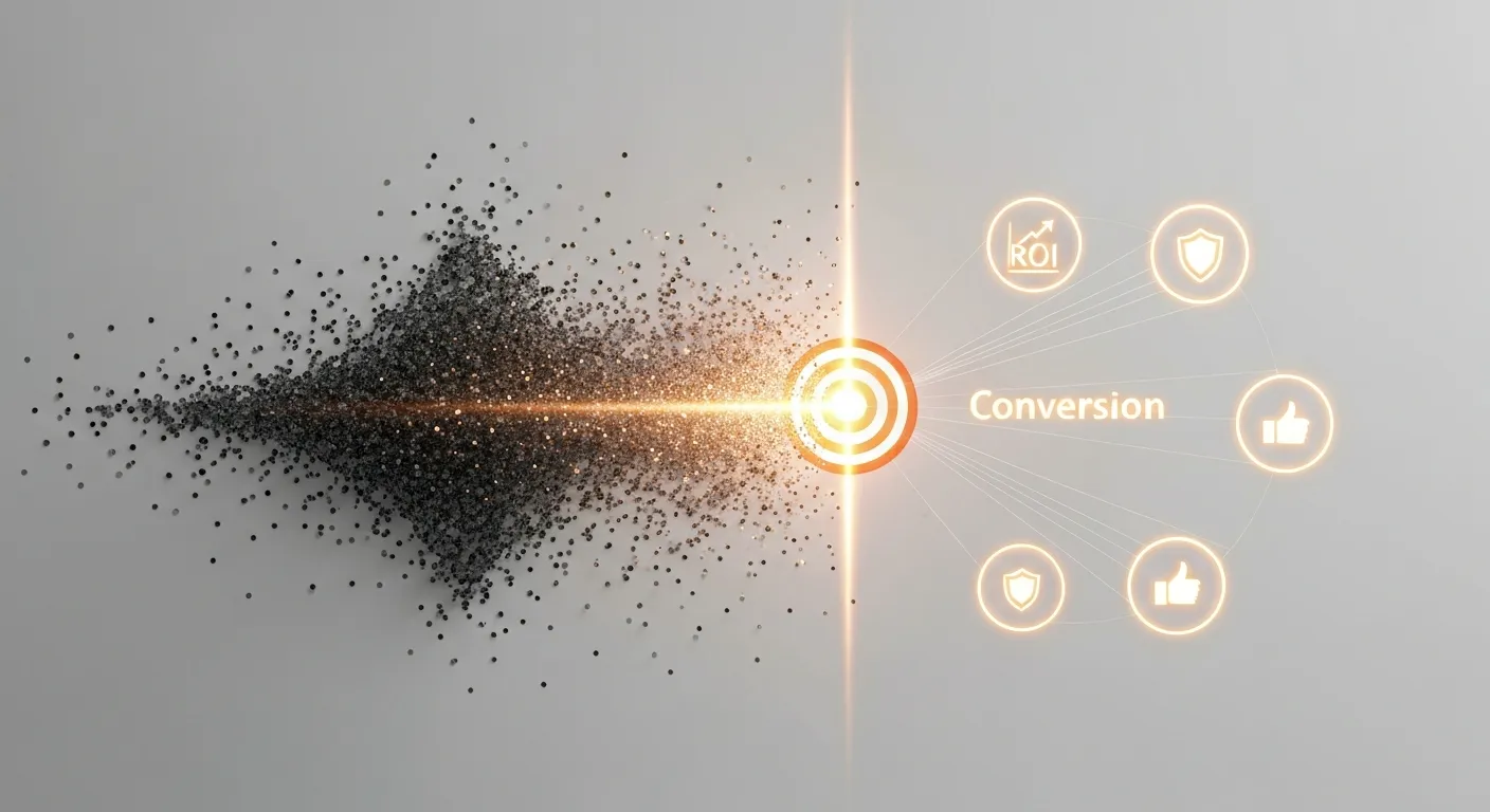 An abstract data visualization demonstrating the positive results of good ad placement, showing a sharply rising graph for ROI, a shield icon for Brand Safety, and engagement icons like hearts and clicks.