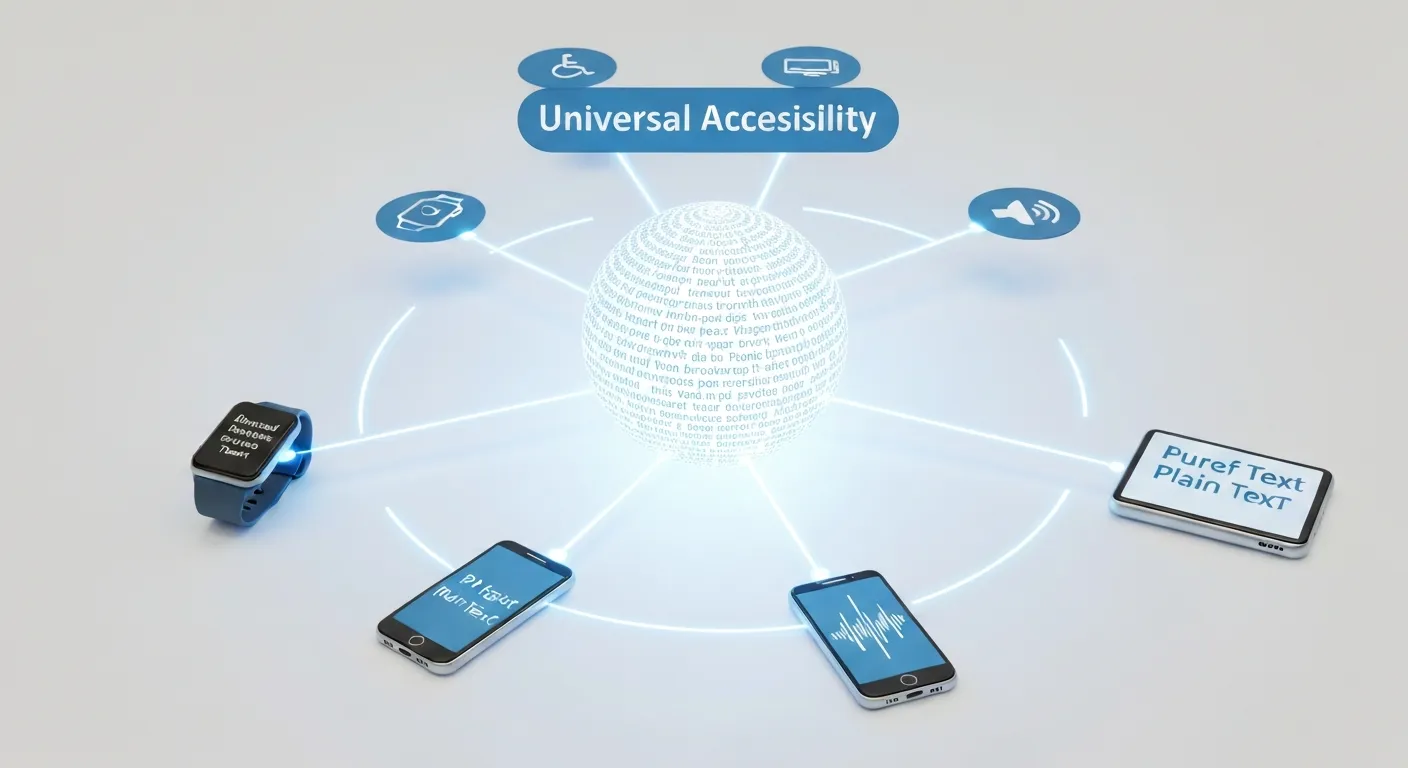 Abstrakcyjna grafika przedstawiająca jedną wiadomość tekstową, która jest idealnie wyświetlana na różnych urządzeniach: smartwatchu, smartfonie i monitorze komputera, a także jako fala dźwiękowa dla czytnika ekranu, co symbolizuje uniwersalną dostępność.