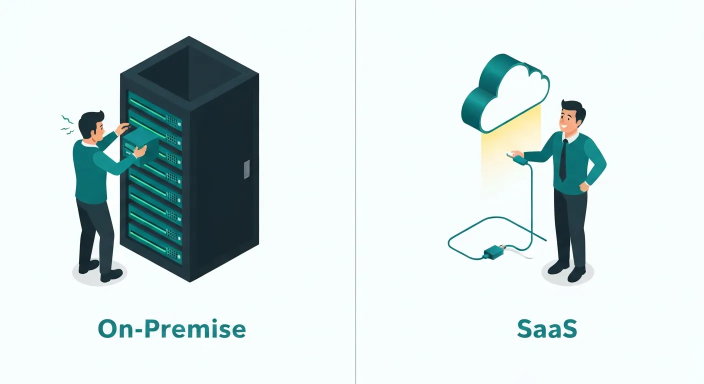 Porównanie modelu on-premise i SaaS: po jednej stronie osoba budująca serwer z fizycznych klocków, a po drugiej osoba łatwo podłączająca wtyczkę do gotowej chmury SaaS, co ilustruje prostotę wdrożenia.