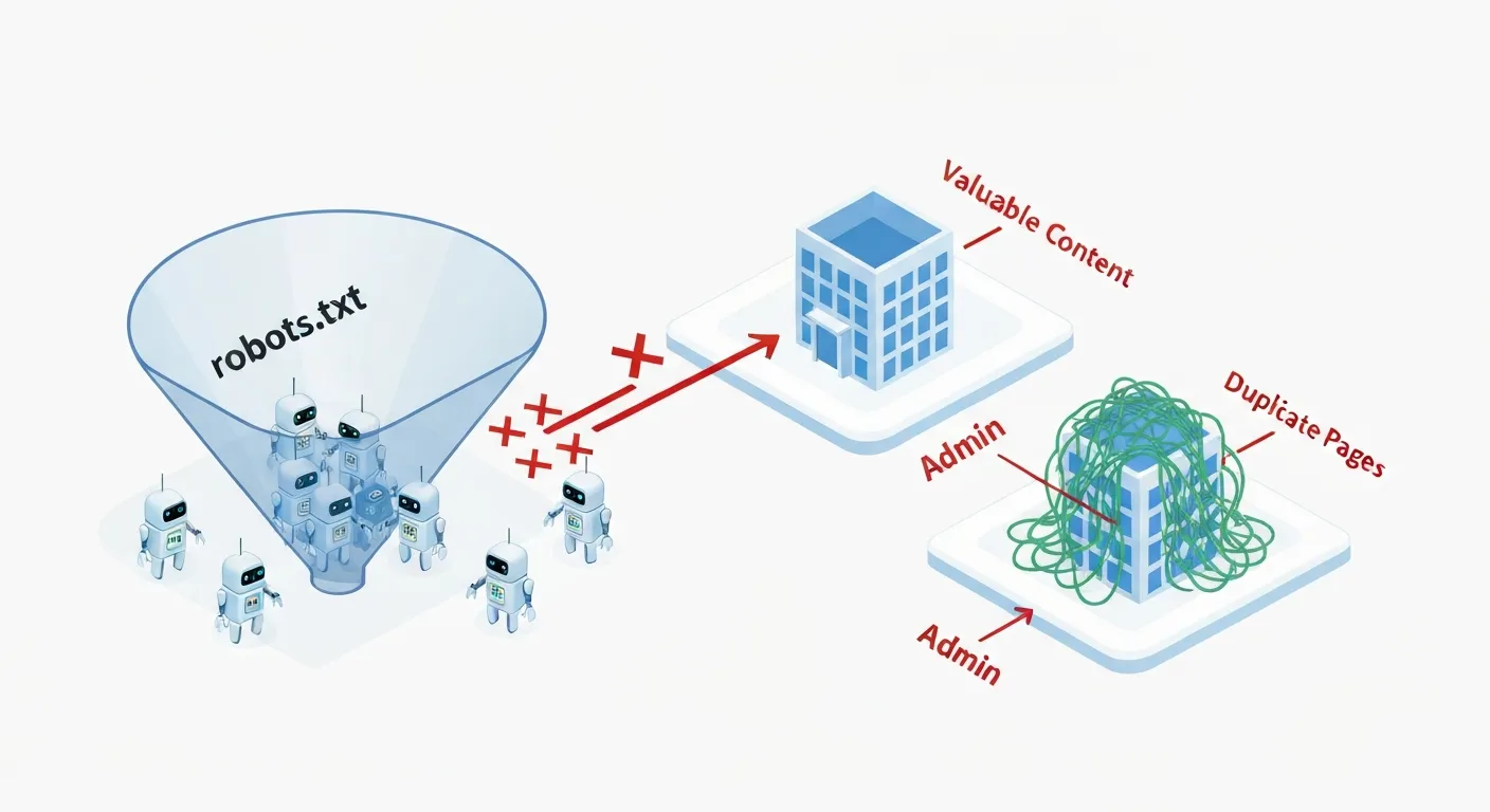 An isometric illustration showing a robots.txt file acting as a filter to manage 'crawl budget', efficiently directing small web crawler bots to valuable content while blocking them from unimportant website sections.