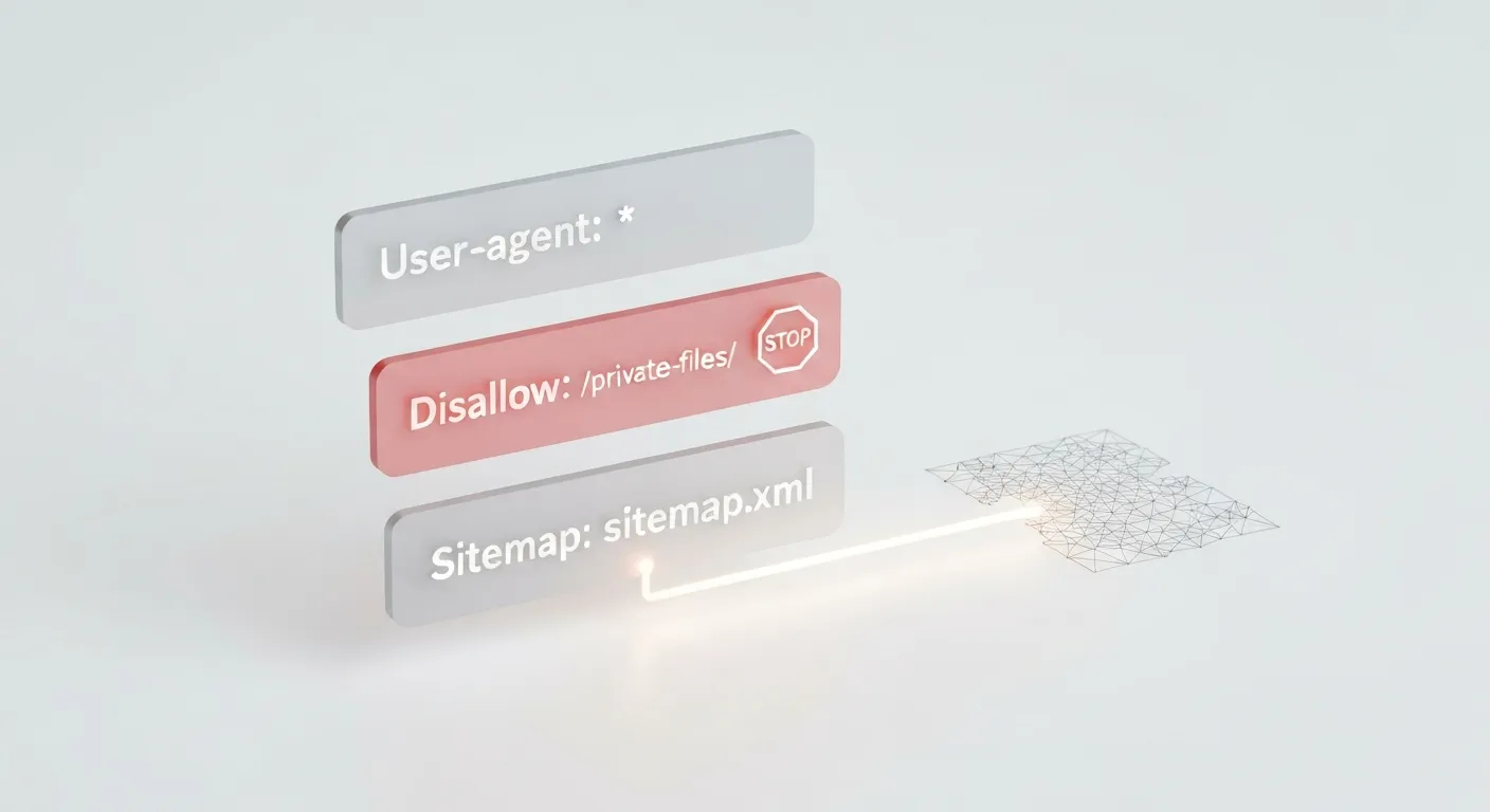 A clean, 3D visual representation of a robots.txt file's code, showing key directives like 'User-agent', 'Disallow', and 'Sitemap' as interactive, floating blocks to demystify its structure.
