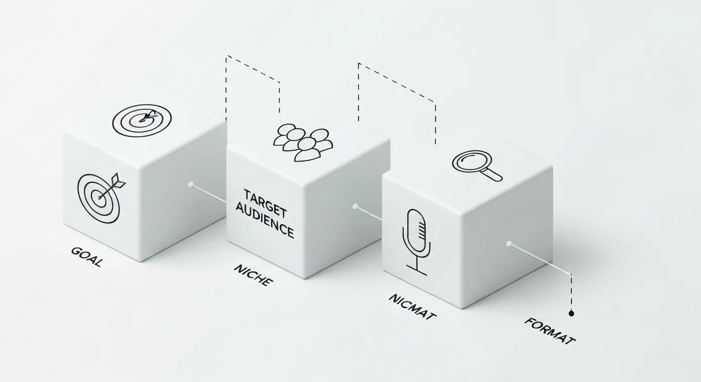 Izometryczna ilustracja przedstawiająca fundamenty strategii podcastowej. Cztery połączone ze sobą bloki symbolizują: cel (ikona tarczy), grupę docelową (ikona grupy ludzi), niszę (ikona lupy) oraz format (ikona mikrofonu).