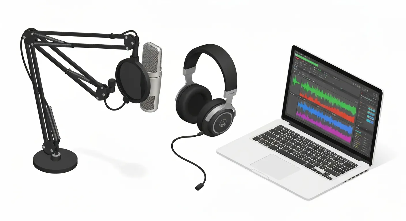 Przejrzysta, izometryczna wizualizacja zestawu startowego dla podcastera. Na białym tle ułożony jest mikrofon na ramieniu, studyjne słuchawki, pop filtr oraz laptop z otwartym oprogramowaniem do edycji audio.
