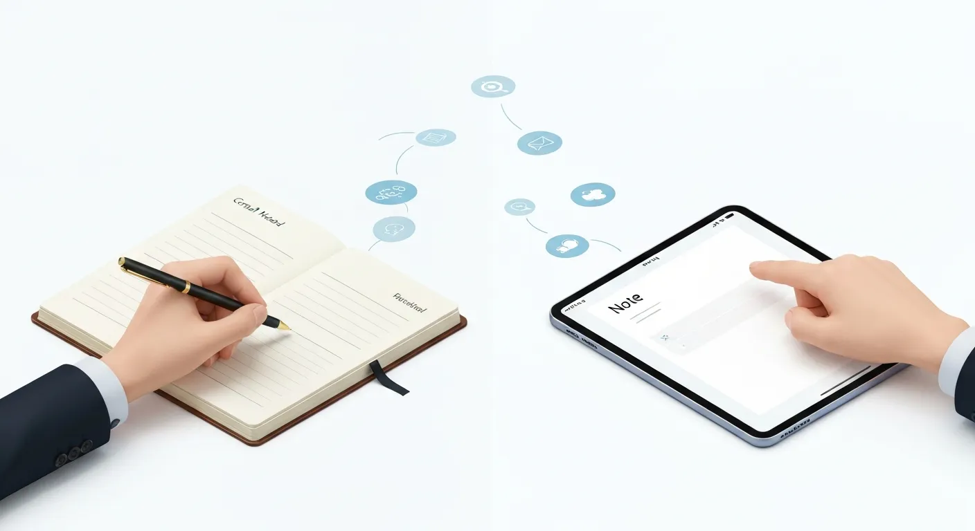A comparative illustration showing two methods of podcast note-taking: the analog method with a hand writing in a notebook, and the digital method with a hand using a note-taking app on a tablet.