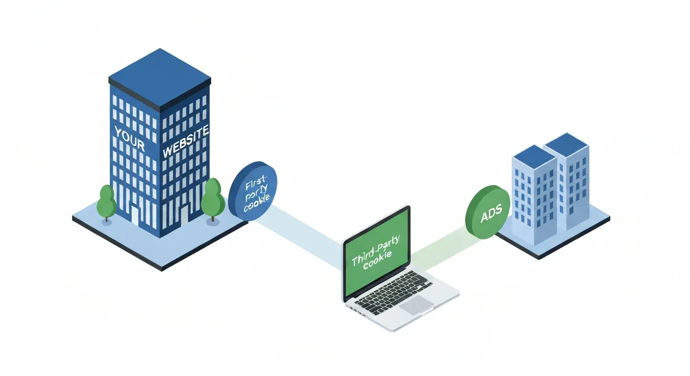 Izometryczna infografika wyjaśniająca różnicę między plikami cookies własnymi a plikami cookies podmiotów trzecich, pokazująca jak pochodzą one z różnych domen.