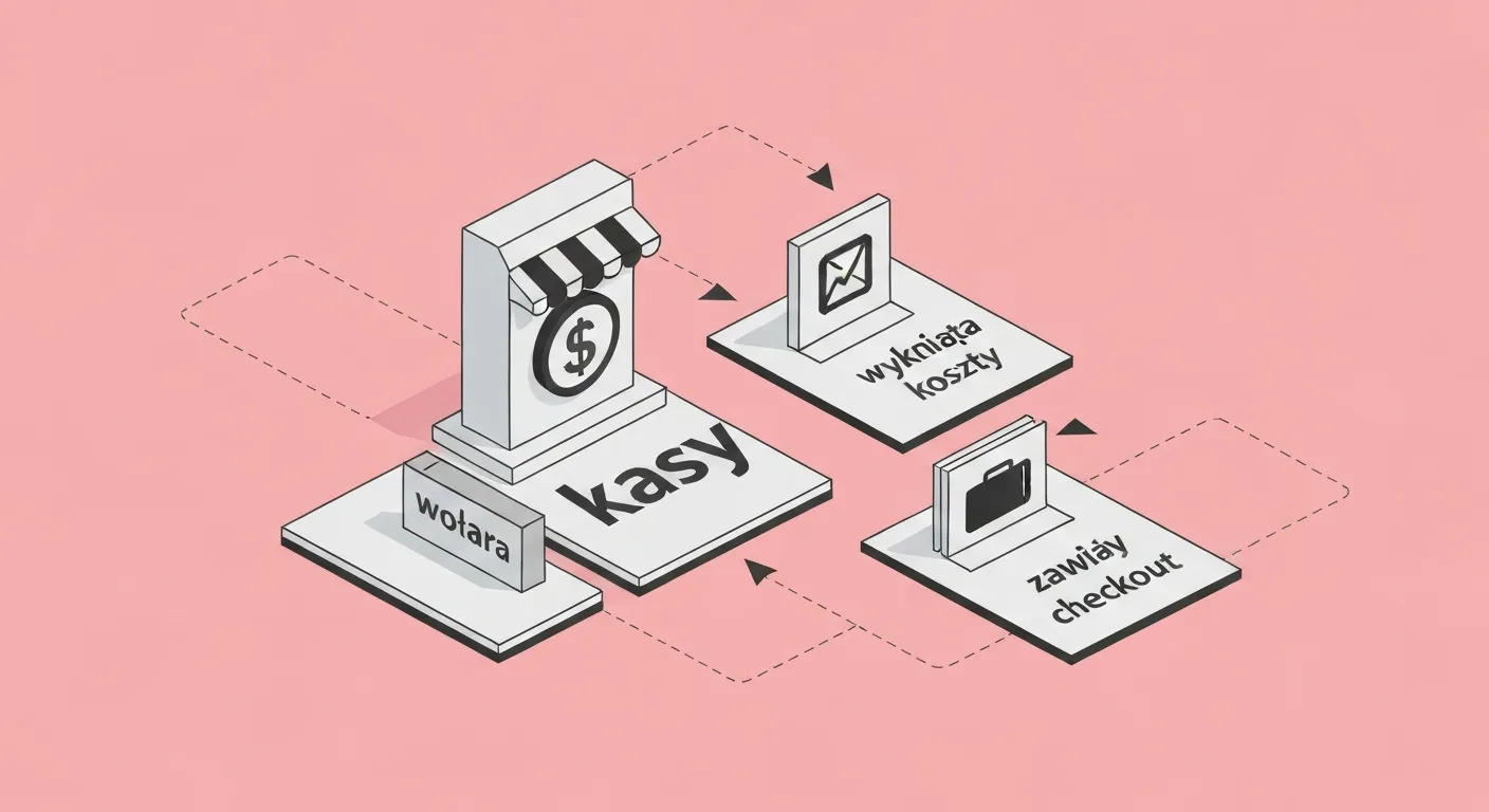 Ilustracja izometryczna przedstawiająca najczęstsze bariery prowadzące do porzucenia koszyka. Klient z wózkiem zakupowym stoi przed skomplikowaną ścieżką do kasy, na której znajdują się przeszkody: mur z ukrytymi kosztami ($), zamknięta brama z wymogiem rejestracji konta oraz długa, zawiła droga symbolizująca skomplikowany proces checkout.