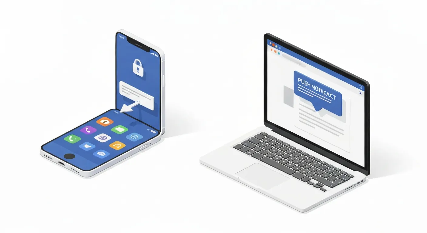 An isometric illustration clearly differentiating between Mobile App Push and Web Push notifications. On one side, a smartphone displays a notification from an installed app, while on the other, a laptop shows a notification originating from a web browser.