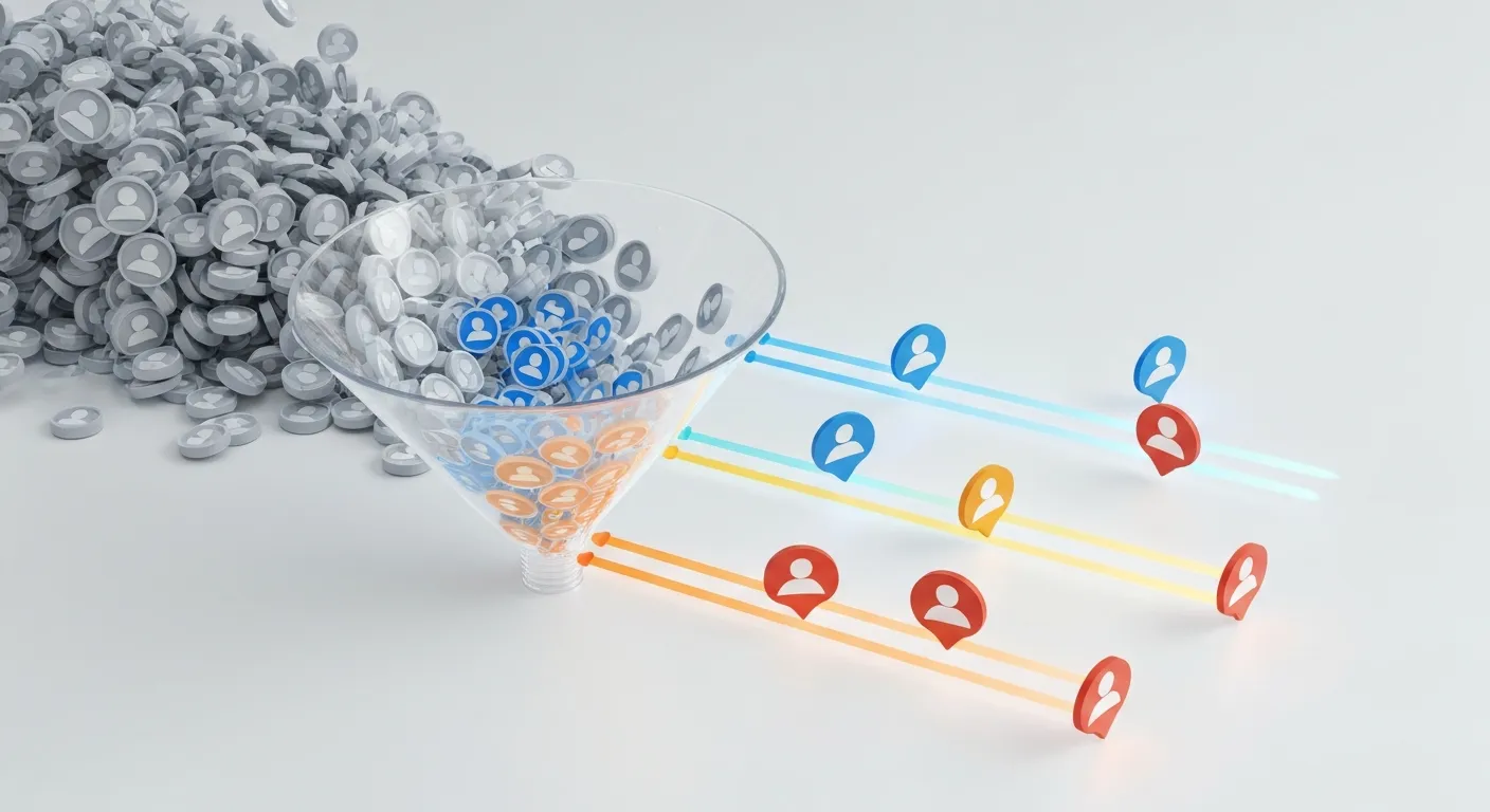 An abstract visualization of audience segmentation for personalized marketing. A large group of diverse user icons is sorted through a digital funnel into smaller, distinct groups, with each group receiving a unique, tailored push notification.