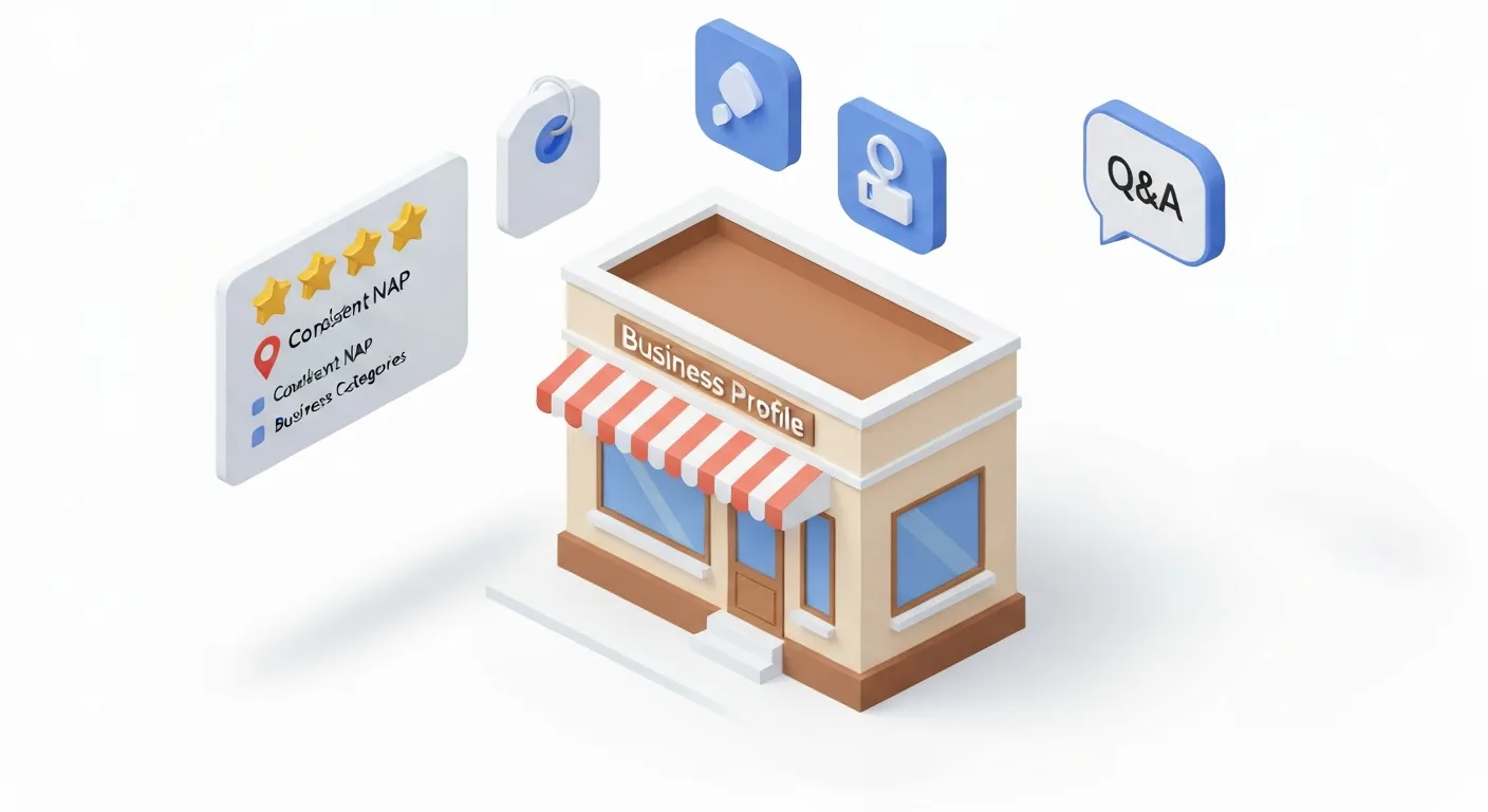 Ilustracja izometryczna przedstawiająca cyfrowy interfejs Profilu Firmy w Google unoszący się nad budynkiem sklepu, z ikonami symbolizującymi opinie, dane kontaktowe i kategorie.