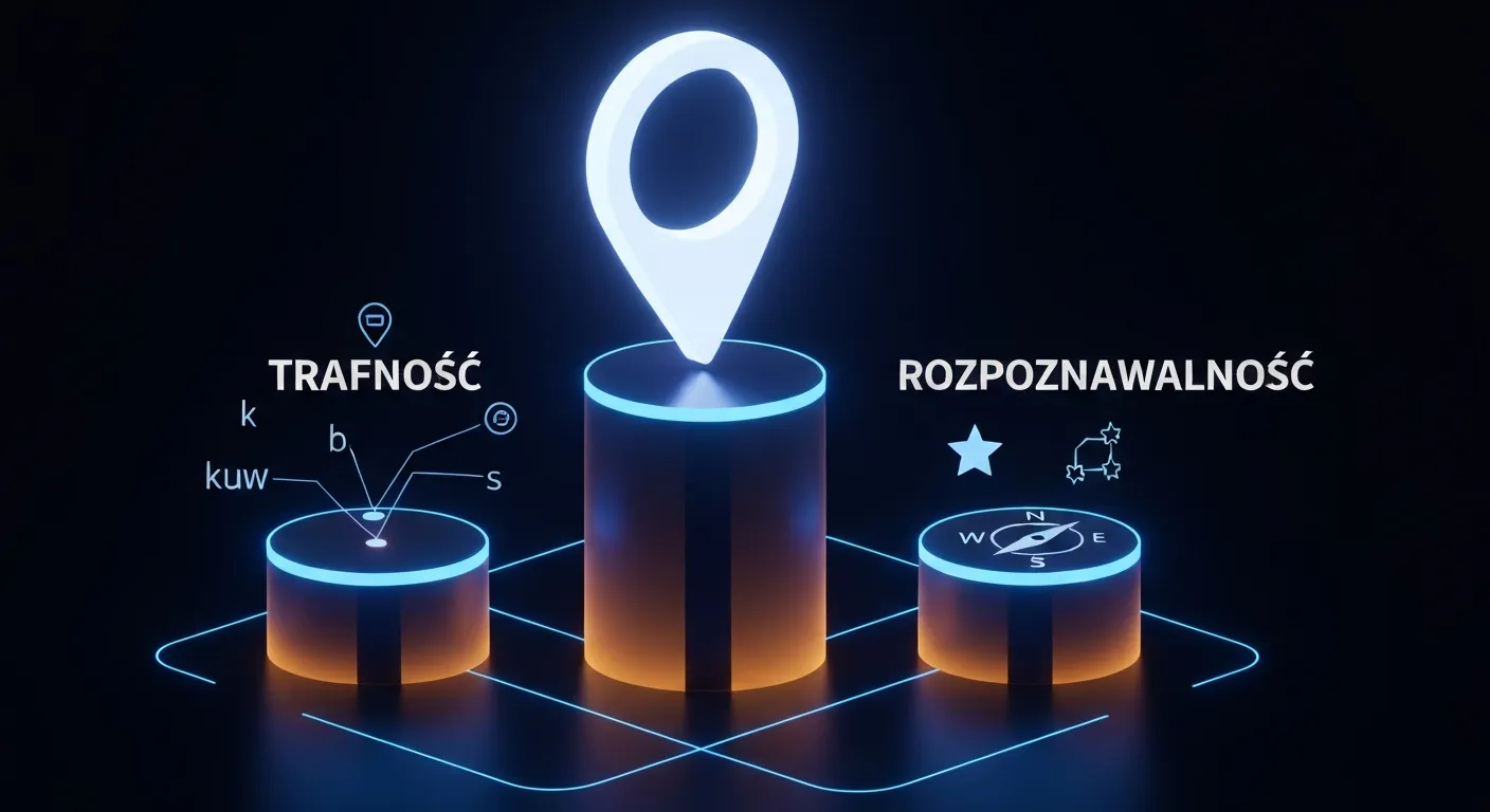 Abstrakcyjna wizualizacja danych przedstawiająca trzy filary rankingu Google: Trafność, Odległość i Rozpoznawalność, które wspierają ikonę pinezki na mapie.