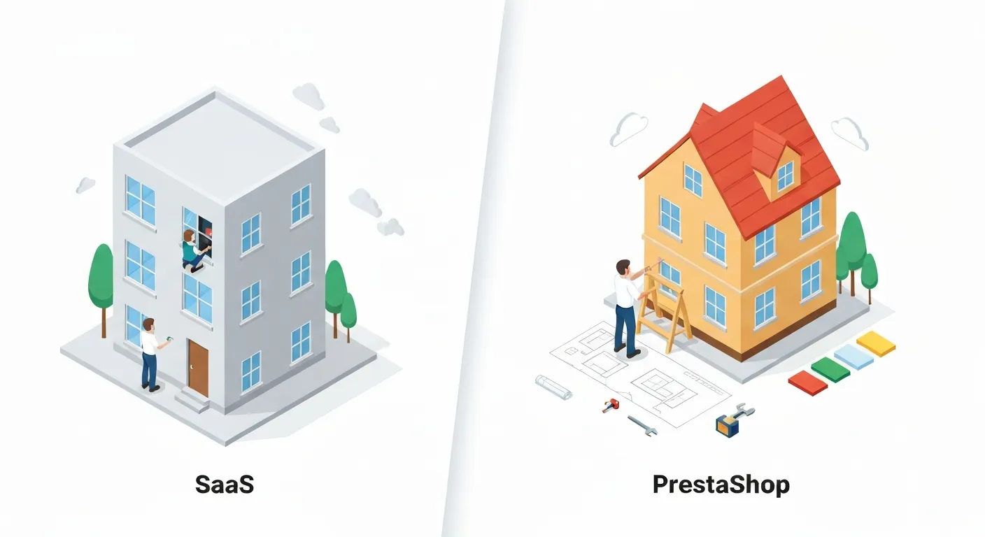 Ilustracja porównująca platformy SaaS do wynajmowania gotowego mieszkania i PrestaShop do budowania własnego, unikalnego domu od fundamentów, co podkreśla elastyczność i personalizację.