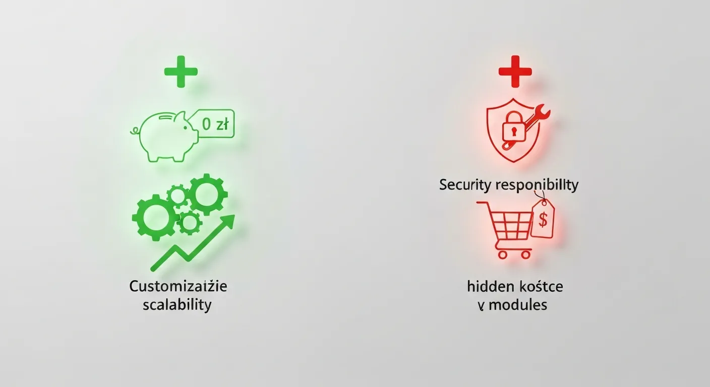 Wizualizacja zalet i wad PrestaShop za pomocą ikonek. Po stronie zalet znajduje się darmowy symbol, nieograniczona personalizacja i skalowalność. Po stronie wad widać ikonę odpowiedzialności za bezpieczeństwo i ukrytych kosztów dodatkowych modułów.