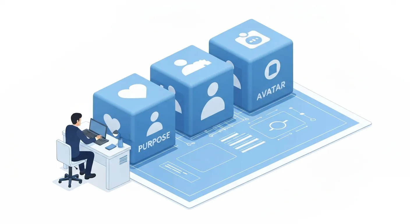 An isometric illustration showing a business strategist at a digital blueprint, carefully planning the foundations of an online community. They are arranging 3D blocks with icons for 'Purpose', 'Ideal Member', and 'Platform', symbolizing the crucial first steps of building a private group.