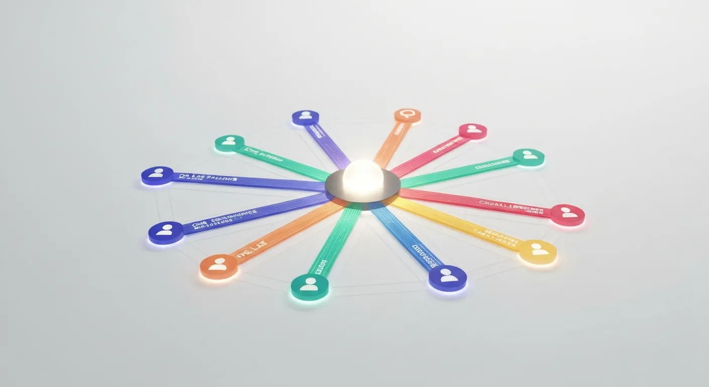 An abstract data visualization of a highly engaged online community on a white background. A central node, representing the brand, sends out colorful streams of content which activate and interconnect a network of member nodes, symbolizing dynamic interaction and engagement.