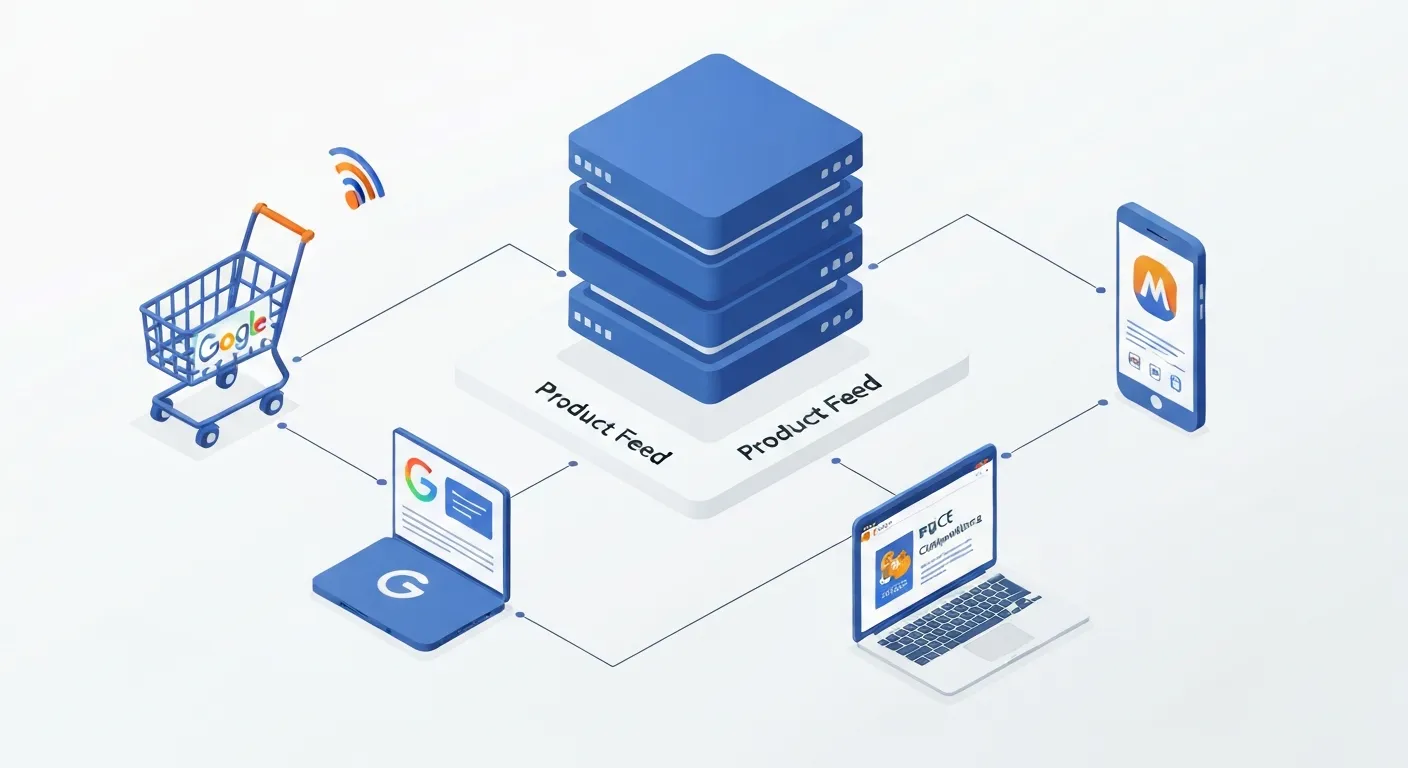 An isometric illustration showing a central database icon labeled 'Product Feed' connecting via clear pathways to multiple platforms like a Google Ads shopping cart, a Facebook dynamic ad, and a price comparison website.