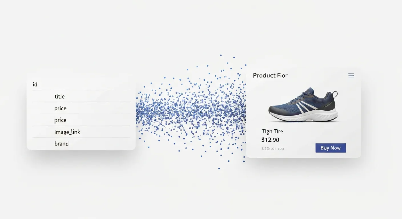 A diagram showing the structure of a product feed, with columns for attributes like 'ID', 'Title', 'Price', and 'Image_Link' visually transforming into a polished product listing ready for an online customer.