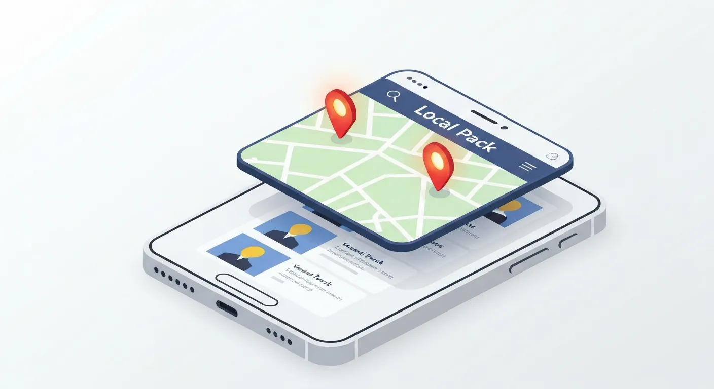 Izometryczna grafika smartfona pokazująca wyniki wyszukiwania lokalnego w Google, z wyróżnionym i podświetlonym 'Pakietem lokalnym' (Local Pack), który prezentuje trzy najlepsze firmy na mapie.