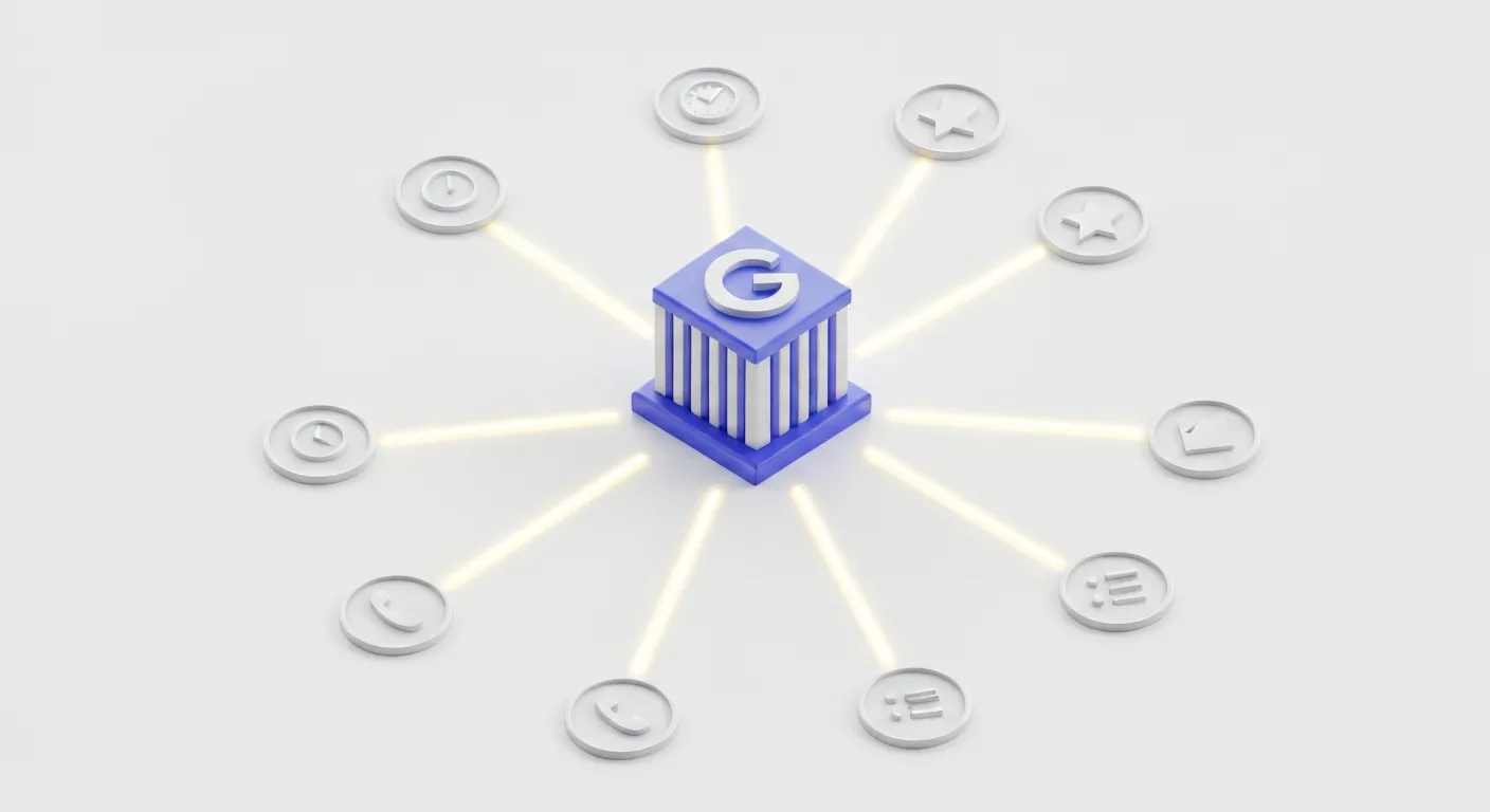 Wizualizacja danych pokazująca centralną ikonę Profilu Firmy w Google połączoną z ikonami kluczowych elementów optymalizacji: godzin otwarcia, kategorii, zdjęć, opinii klientów i danych kontaktowych.