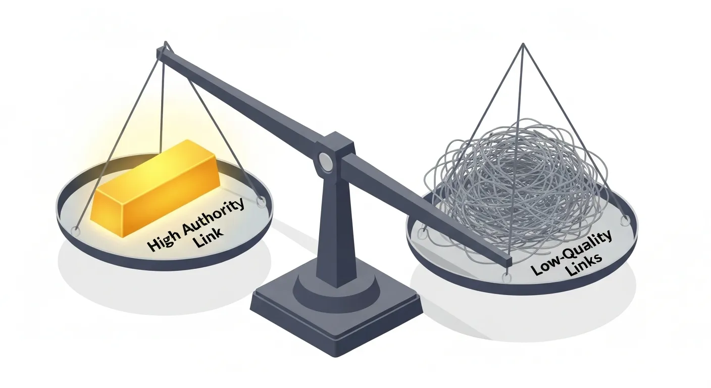 An isometric illustration comparing the value of SEO links. On one side of a digital balance scale, a single, thick, golden bar representing a high-quality backlink easily outweighs a large, messy pile of thin, grey, tangled wires on the other side, symbolizing the SEO principle that quality is more important than quantity.