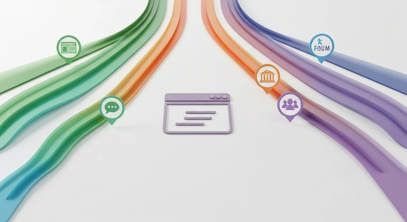 An abstract visualization of a diverse and healthy link profile. A central website icon is being fed by multiple, distinct, colorful streams of data. Each stream originates from a different icon representing various sources like blogs, news portals, and forums, illustrating a balanced and natural backlink portfolio.